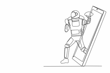 Fototapeta na wymiar Single one line drawing of american football astronaut player running getting out of smartphone screen. Cosmic galaxy space. Online game mobile app. Continuous line graphic design vector illustration