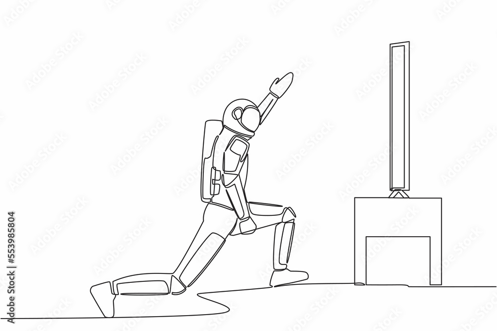 Aufkleber continuous one line drawing astronaut doing fitness at moon surface in online class using tv screen.