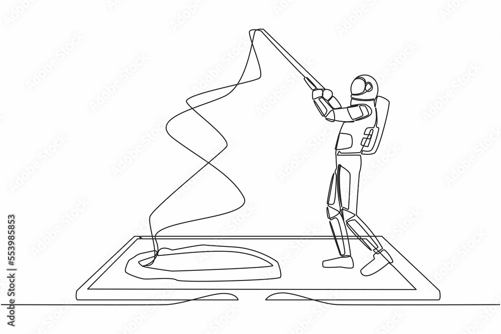 Wall mural single continuous line drawing astronaut fishing on smartphone screen. spaceman standing and fishing