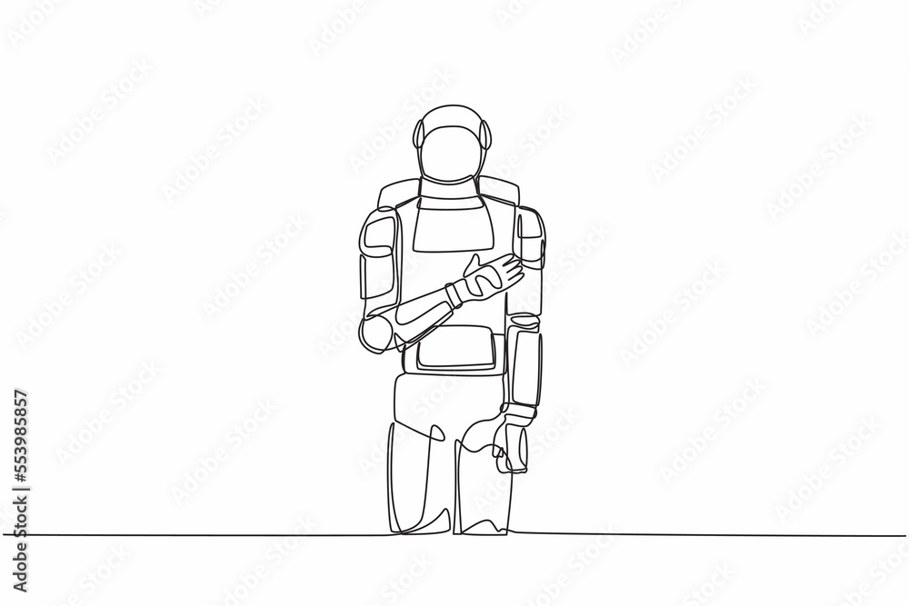 Poster continuous one line drawing young astronaut standing with keeping hands on chest. friendly expressin