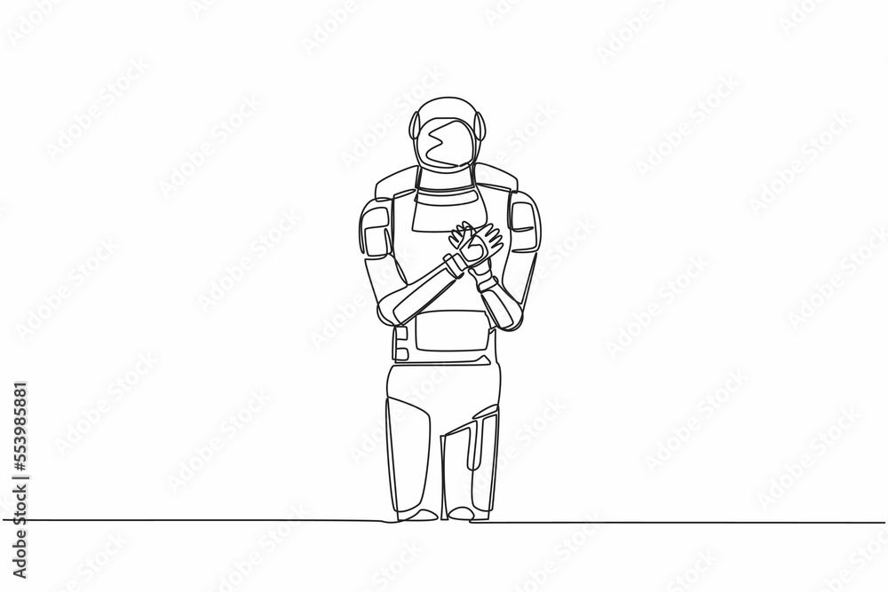 Poster continuous one line drawing young astronaut standing with keeping hands on chest. spaceman suffering