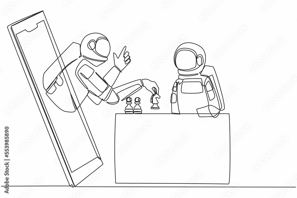Poster single continuous line drawing two astronaut sitting at table and playing online chess. one player s