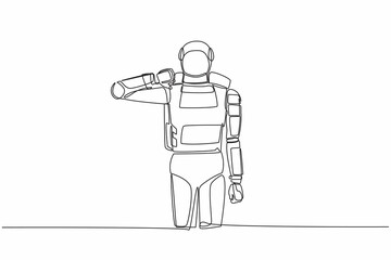 Single one line drawing astronaut standing with thumbs down sign gesture. Dislike, disagree, disappointment, disapprove, no deal. Cosmic galaxy space. Continuous line draw design vector illustration