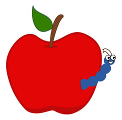 Smiling blue maggot coming out of a juicy red apple