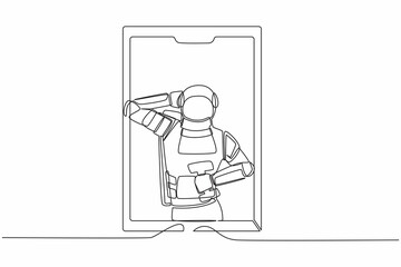 Continuous one line drawing astronaut online fitness trainer. Spaceman with dumbbells on phone screen. Training via Internet video call. Cosmonaut outer space. Single line design vector illustration