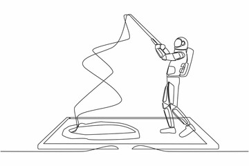 Single continuous line drawing astronaut fishing on smartphone screen. Spaceman standing and fishing with rod. Fisherman mobile app. Cosmonaut deep space. One line graphic design vector illustration
