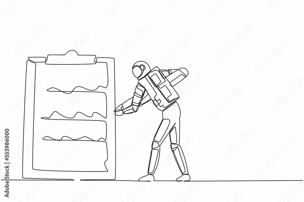 Poster single one line drawing young astronaut standing and mark checklist with big pencil in moon surface.