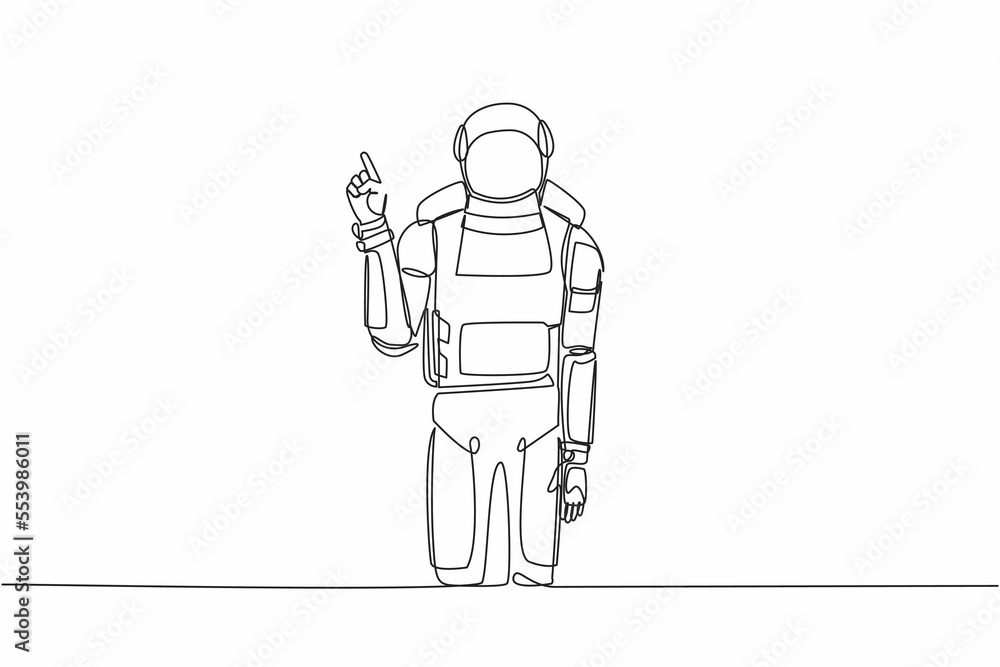 Poster continuous one line drawing young astronaut standing with finger index up gesture in moon surface. e