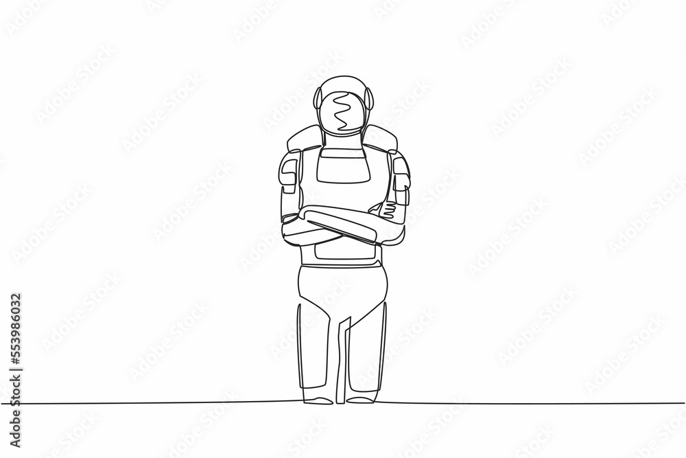 Poster single one line drawing young astronaut standing with folded arms pose. future space technology deve