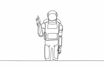 Continuous one line drawing young astronaut standing with finger index up gesture in moon surface. Emotion and body language. Cosmonaut outer space. Single line draw graphic design vector illustration
