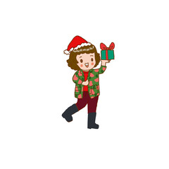 Santa boy holding a gift, freehand drawn illustration on white background