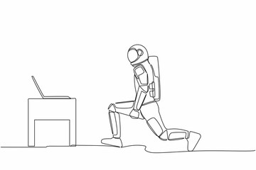 Single one line drawing astronaut doing fitness at moon surface in online classes using his laptop. Fitness online course. Cosmic galaxy space. Continuous line draw graphic design vector illustration