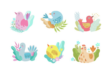 Cute Birdie Sitting in Nest of Floral Twigs Vector Set