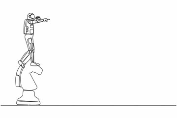 Single continuous line drawing young astronaut on top big horse chess piece using binocular. Looking for new expedition. Cosmonaut deep space concept. One line draw graphic design vector illustration