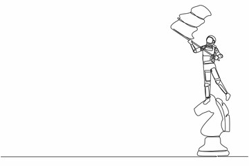 Continuous one line drawing young astronaut standing on top of big chess horse knight piece and waving flag. Cosmonaut outer space cosmic concept. Single line draw graphic design vector illustration
