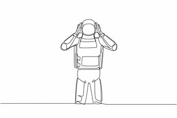 Continuous one line drawing young astronaut standing with covering ears with hands, making don't hear or listen gesture. Cosmonaut outer space concept. Single line graphic design vector illustration