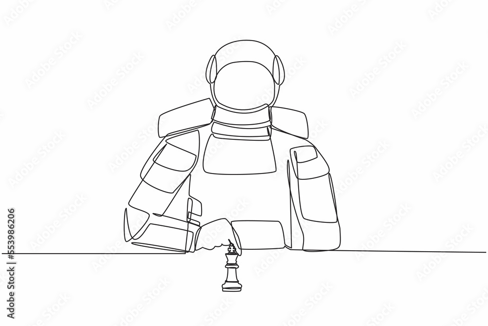 Aufkleber continuous one line drawing of young astronaut sitting and moving forward chess king piece. tactic a