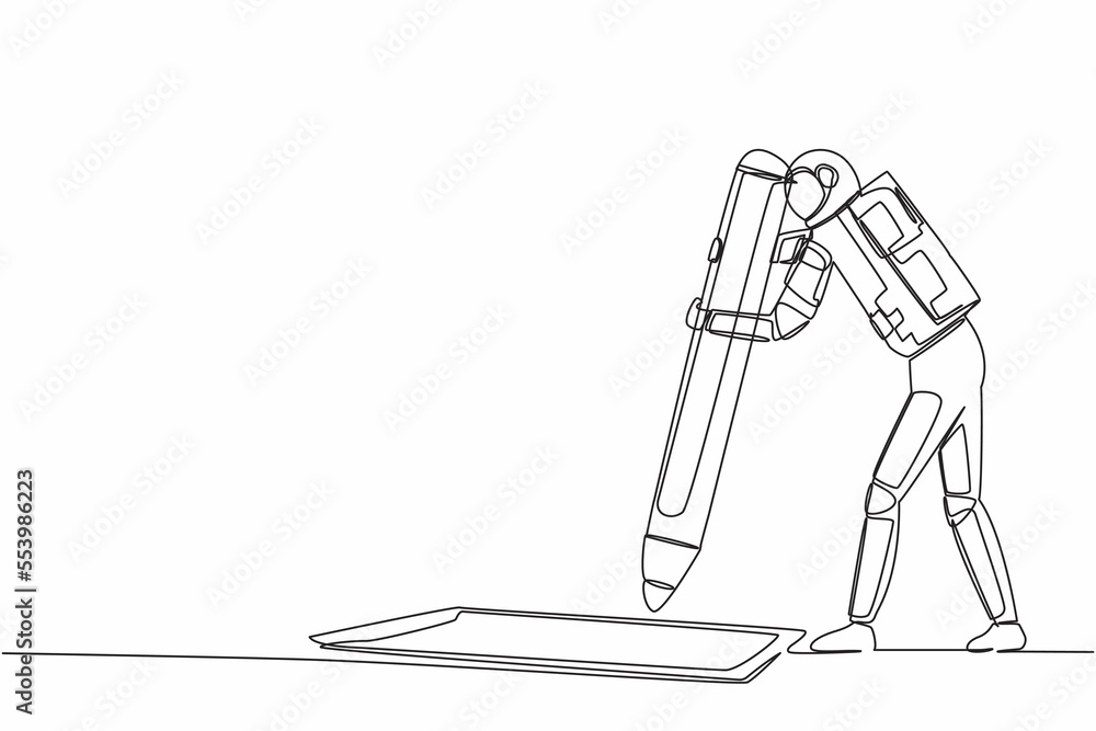 Poster single continuous line drawing of young astronaut standing near big checklist and fills out question