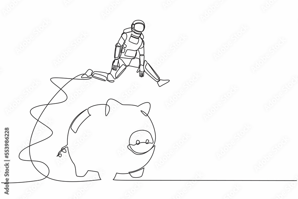 Aufkleber single continuous line drawing of astronaut jumping over piggy bank. security money storage, saving 