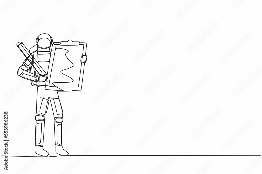 Aufkleber continuous one line drawing young astronaut standing and holding clipboard with checklist in moon su
