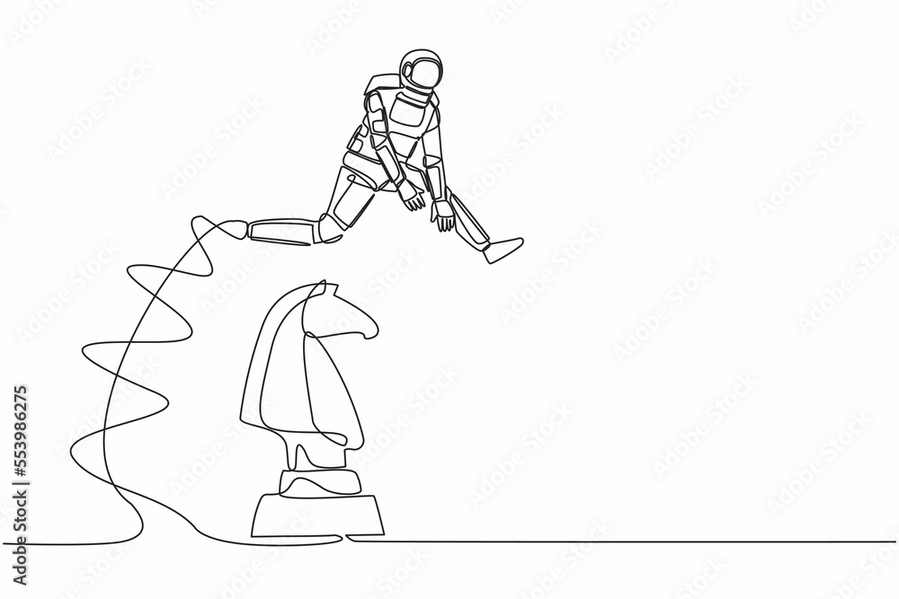 Poster single one line drawing astronaut jumping over chess horse knight. brain intelligence for spaceship 