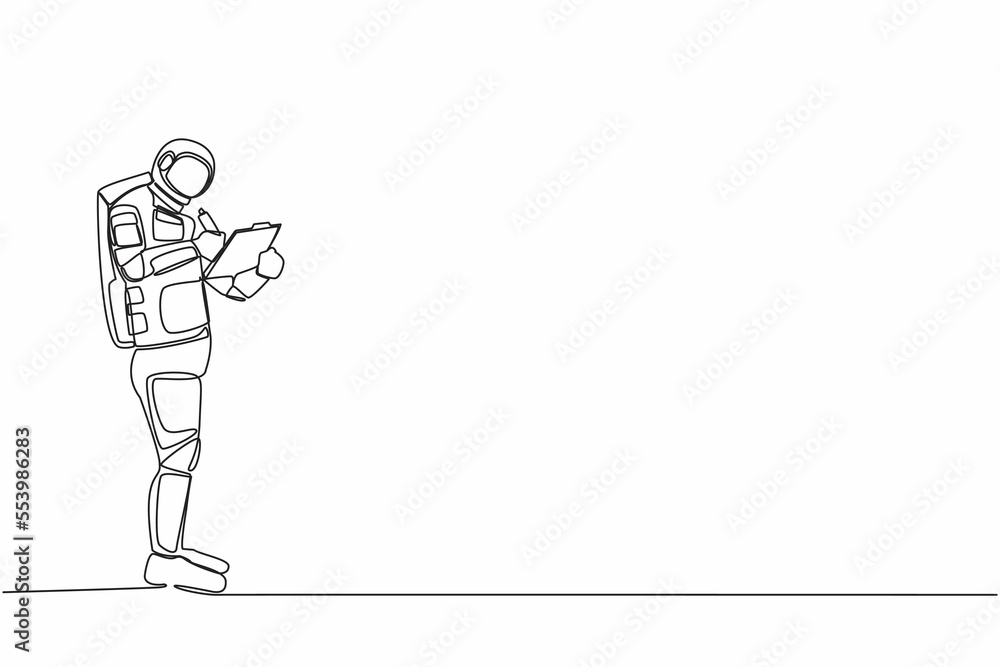 Aufkleber single one line drawing young astronaut standing and writing on clipboard. future spaceship technolo