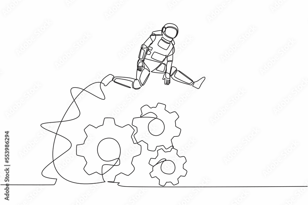 Poster single one line drawing astronaut jumping over big gears. developing spaceship innovation. operation