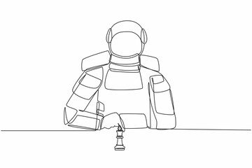 Continuous one line drawing of young astronaut sitting and moving forward chess king piece. Tactic and strategy in space company. Cosmonaut outer space. Single line graphic design vector illustration