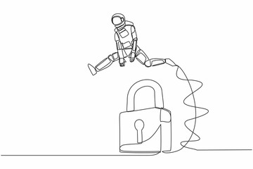 Single one line drawing astronaut jumping padlock. Space company protection security. Success expedition key accessibility. Cosmic galaxy space. Continuous line draw graphic design vector illustration