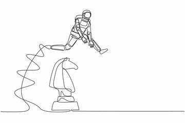 Single one line drawing astronaut jumping over chess horse knight. Brain intelligence for spaceship project. Tactical movement. Cosmic galaxy space. Continuous line graphic design vector illustration