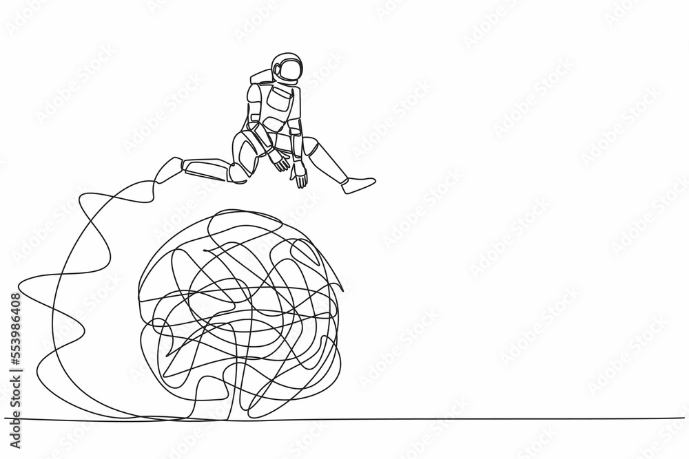 Poster continuous one line drawing young astronaut jumping over messy line in moon surface. overcoming comp