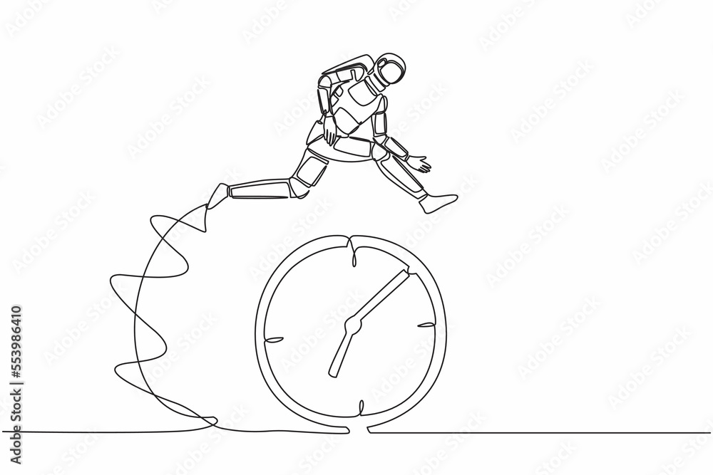 Poster single continuous line drawing astronaut jumping over clock. time management and scheduling in space