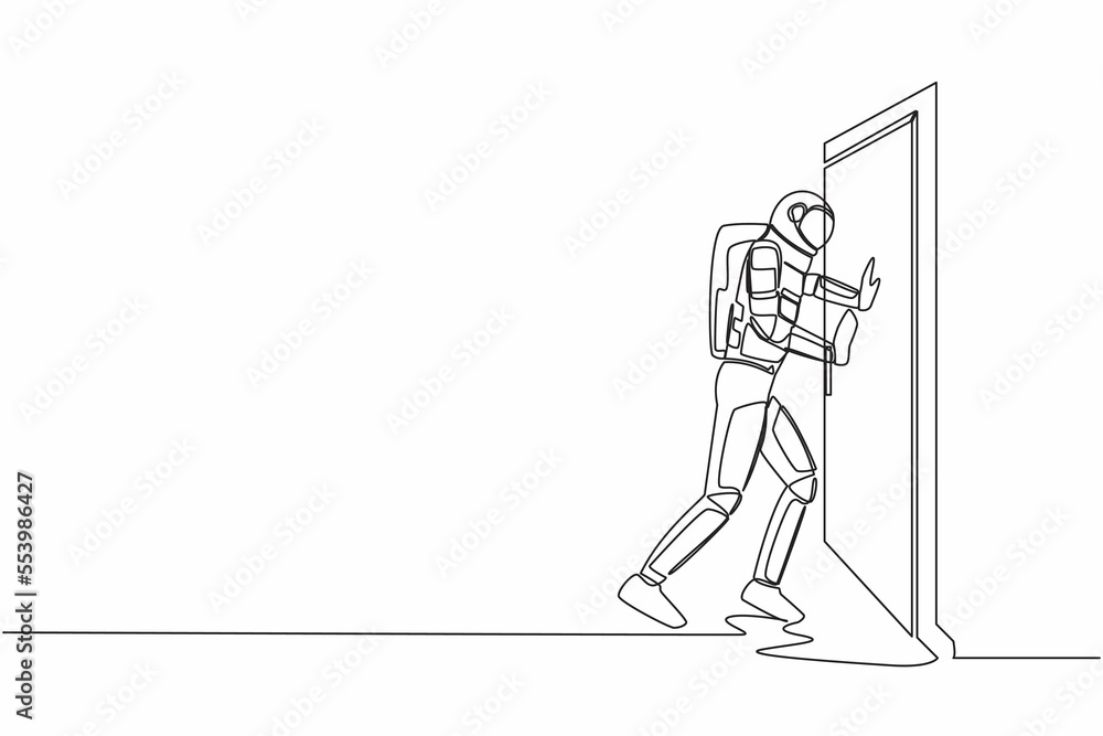 Poster continuous one line drawing of astronaut pushes closed door on wooden door frame. metaphor to facing