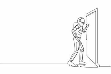 Single continuous line drawing young astronaut knocking at door in moon surface. Spaceman standing at entrance of room knocking door. Cosmonaut deep space. One line graphic design vector illustration