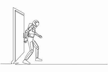 Single continuous line drawing of young astronaut walking and leaving closed door in moon surface. New space interstellar expedition. Cosmonaut deep space. One line graphic design vector illustration