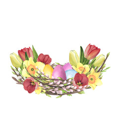 Willow nest watercolor with Tulips, daffodil, colored eggs isolated on white. Hand drawing Easter illustration design