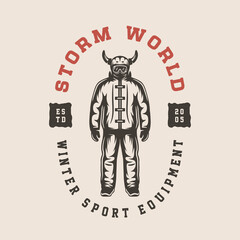 Vintage retro winter sport ski snowboard or adventure emblem, logo, badge, label. mark, poster or print. Monochrome Graphic Art. Engraving woodcut style.