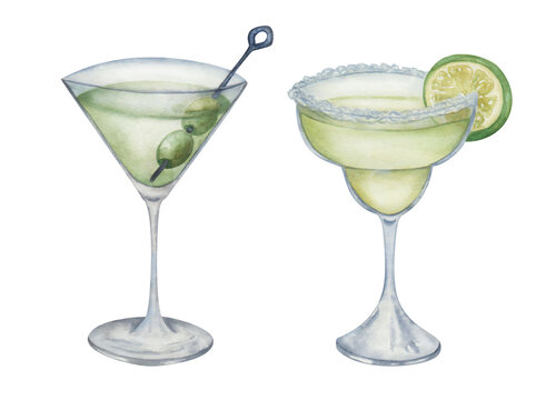 Watercolor illustration. Hand painted green cocktails in glasses. Dry martini with olives. Margarita with slice of lime and salt. Dirty martini. Isolated alcohol drinks for restaurant, cafe menus