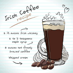 Irish coffee cocktail, vector sketch hand drawn illustration, fresh summer alcoholic drink with recipe and fruits	