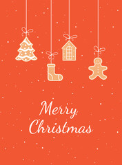 christmas card vector with gingerbread cookies. gingerbread cookies of various shapes are weighed on threads with bows