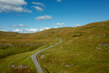 Aerial view of winding road in Scotland