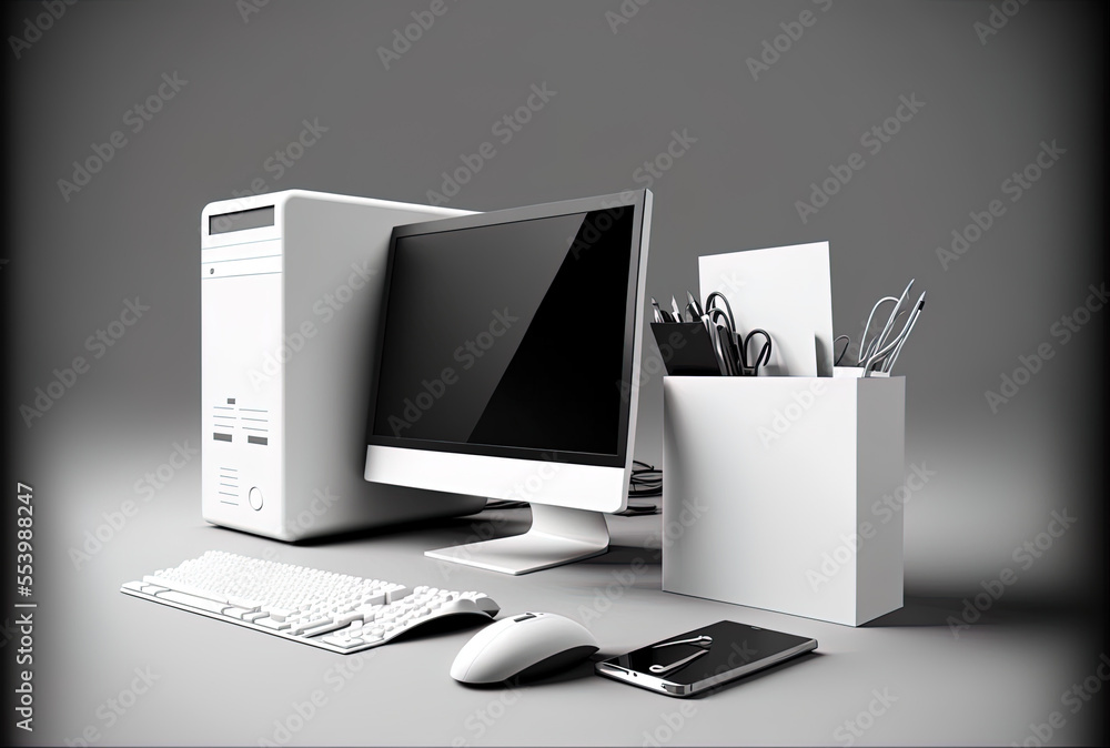 Poster workplace with a pc with a white screen. folders and office supplies. notion of the work. generative