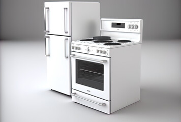 Front image of a white open or closed stove, an oven, and other kitchen appliances. Generative AI