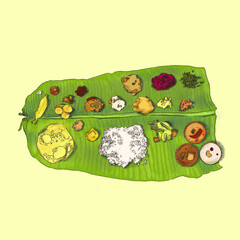 Kerala Onasadhya meal on a banana leaf. Traditional Onam celebration meal food illustration. colorful illustration of traditional Kerala malayali meal sadhya.
