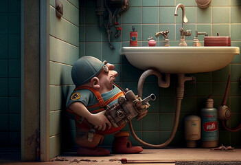 Strange plumber loser trying to smell something in bathroom room.