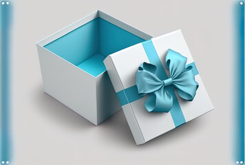 Isolated on a white backdrop, a blue open present box set is accompanied by a pastel ribbon bow. flying surprise box for the holidays. Realistic symbol for birthday, wedding, or present banners
