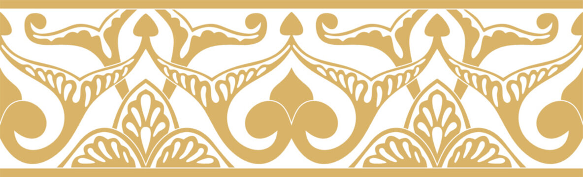 Vector golden seamless oriental national ornament. Endless ethnic floral border, arab peoples frame. Persian painting.
