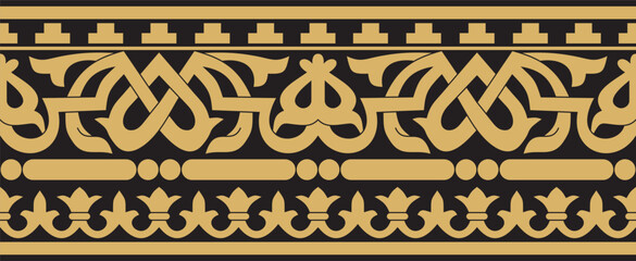 Vector gold and black seamless classic byzantine ornament. Endless border, Ancient Greece, Eastern Roman Empire frame. Decoration of the Russian Orthodox Church..