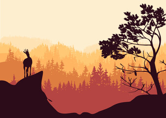 A chamois stands on top of a hill with mountains and forest in the background. Pine tree in foreground. Magic misty landscape. Nature illustration. 
