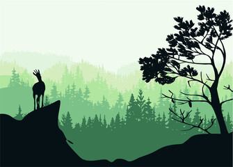 A chamois stands on top of a hill with mountains and forest in the background. Pine tree in foreground. Magic misty landscape. Nature illustration. 